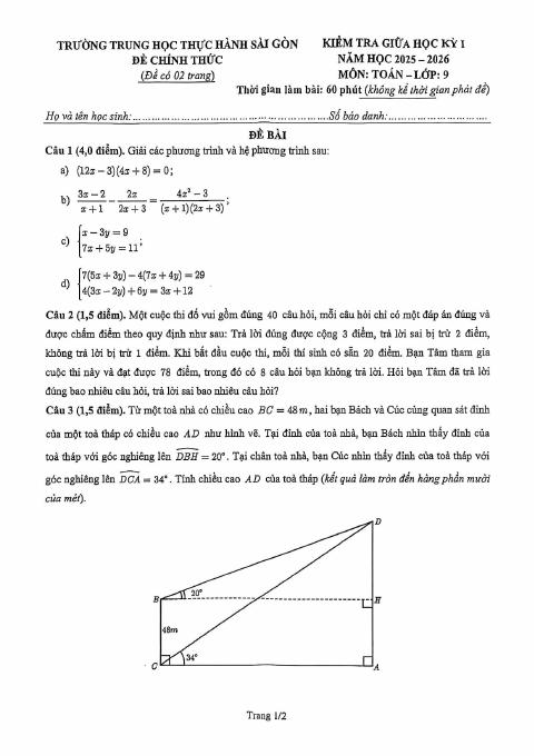Đề thi Giữa kì 1 Toán 9 năm 2025-2026 trường Thực hành Sài Gòn (TP Hồ Chí Minh)